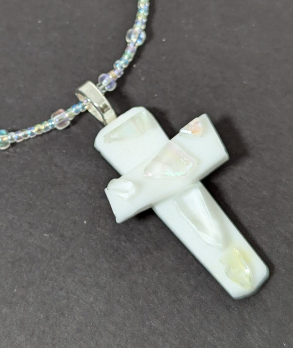 Dichroic cross pendant Handmade 16" Beaded chain 2" pendant drop Aurora beads